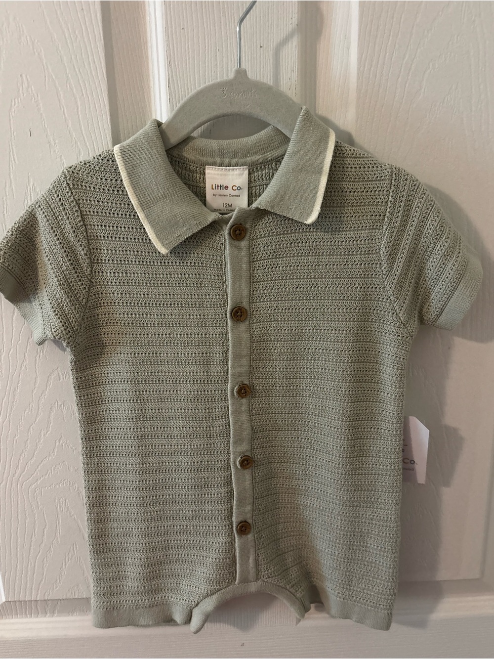 Little Co. Sage Green Knit Button-Down Polo Romper